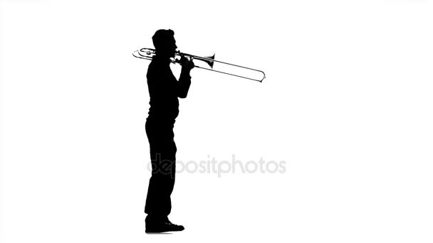 Músico tocando el trombón. Silueta negra sobre fondo blanco — Vídeos de Stock