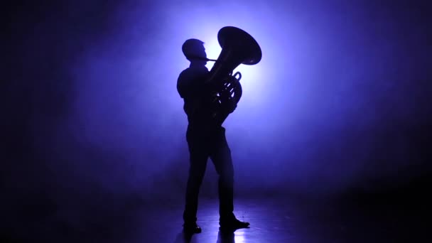 Trompettist man in langzame motie speelt over tuba, rokerige studio — Stockvideo