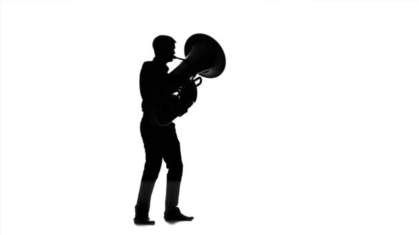 Mann spielt auf der Tuba in Zeitlupe. schwarze Silhouette — Stockvideo