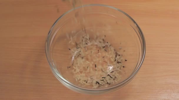 Вливание белого и черного риса в пластину в замедленной съемке — стоковое видео