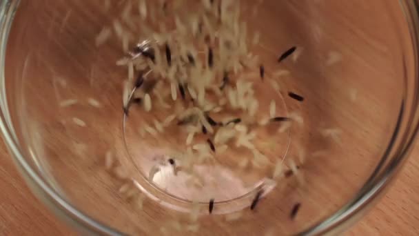 Witte en zwarte rijst giet plaat, slow-motion. Close-ups — Stockvideo