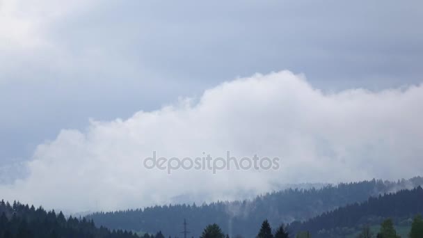 Vorm van de wolken over bos op hellingen van heuvels, time-lapse — Stockvideo