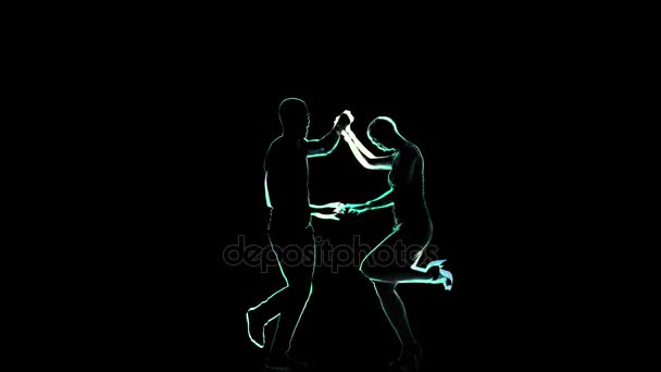 Gráficos por computadora, un par de bailarines realizan danza social. Fondo negro — Vídeos de Stock