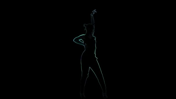 Silhouette femme effectuer danse latine sur fond noir, infographie 