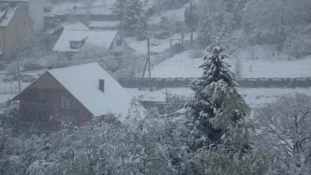 Schnee fällt zu Hause auf einem bewaldeten Hügel. Zeitlupe — Stockvideo