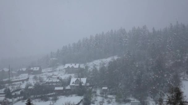 A nevasca cai na aldeia a pé da colina arborizada. Movimento lento — Vídeo de Stock