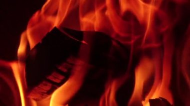 Closeups yuva yakacak odun ile yanan kırmızı alev. Ağır çekim