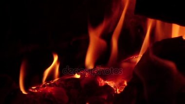 Sıcak kömürleri gece kamp ateşi içinde. Ağır çekim, yakın çekimler