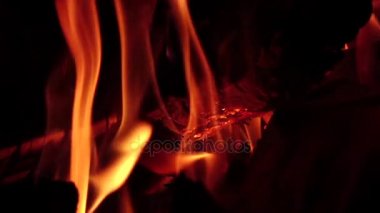 Sıcak kömürleri yavaş gece kamp ateşi içinde. Yakın çekimler
