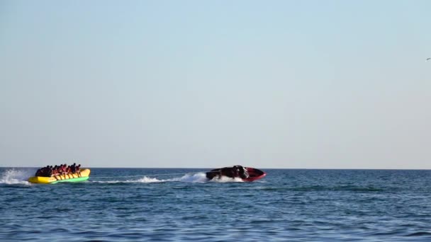 Adam bir muz bir teknede denizin içinde insanlar rulo — Stok video