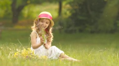 Küçük kız bir takas oturur, yırtık kır çiçekleri üzerinde döner ve onlardan bir buket yapar