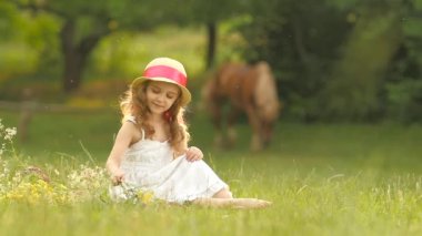 Küçük kız bir takas oturur, yırtık kır çiçekleri üzerinde döner ve onlardan bir buket yapar. Ağır çekim