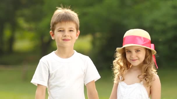 I bambini che camminano nel parco si tengono per mano e guardano in lontananza. Rallentatore — Video Stock