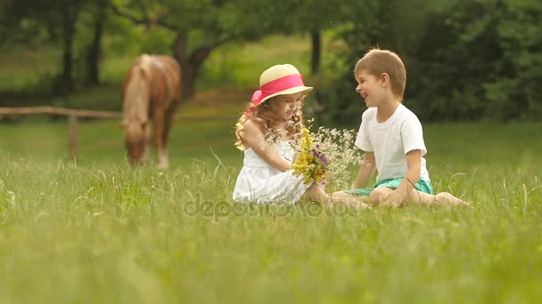 小さな子供たちが芝生の上に座っている、女の子は、彼女の手の花の花束。スローモーション — ストック動画