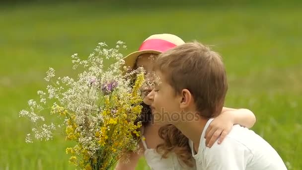 Kinderen zitten op het grasveld in het park en vers geoogste veld bloemen ruiken. Slow motion — Stockvideo