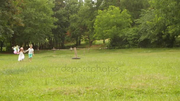 Malý chlapec drží dívku za ruku a společně běží podél trávníku. Zpomalený pohyb — Stock video