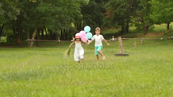 Le petit garçon tient la fille par la main et ils courent le long de la pelouse ensemble. Mouvement lent — Video