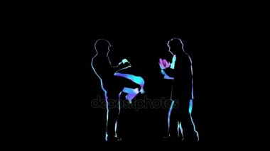 Karate antrenmanı yapan iki adam. Siyah arka planda bilgisayar grafikleri anahat