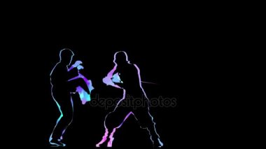 Neon hologram ninja erkekler tekmeler ve yumruklar yapıyor. Siyah arka plan