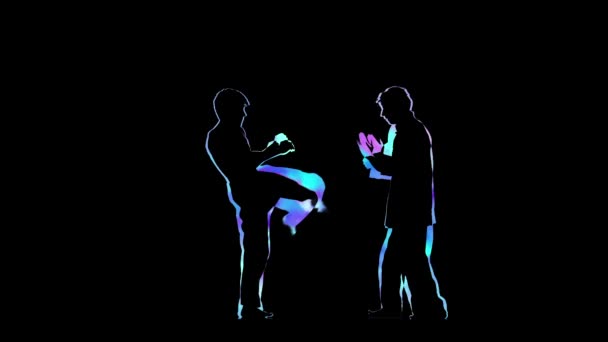 가라데 스파링을하는 두 남자. 검은 색 배경에 컴퓨터 그래픽 개요 — 비디오