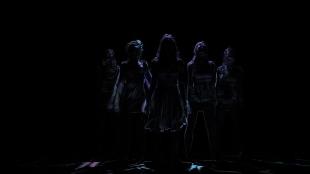 Neon shadows of women dancing on black background. Computer graphics — Stock Video