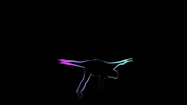 Computer graphics, silhouette perform brakedance in slow motion. Black background — Stock Video