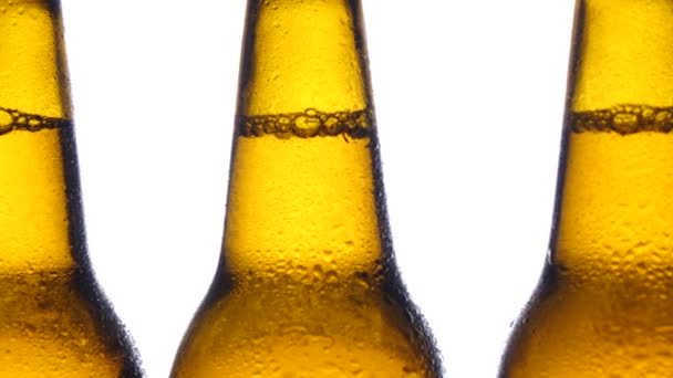 Μπουκάλια με μπύρα, που προορίζονται για το oktoberfest. Λευκό φόντο. Κοντινό πλάνο — Αρχείο Βίντεο