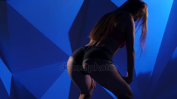 Menina bela dança twerk em um fundo gráfico azul. Fechar — Vídeo de Stock