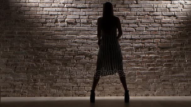 Mädchen in gestreiftem Kleid tanzen twerk gegen die helle Backsteinwand. Silhouette — Stockvideo