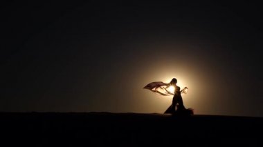 Kız sahilde oryantal dans onun elinde bir örtü ile. Siluet. Ağır çekim