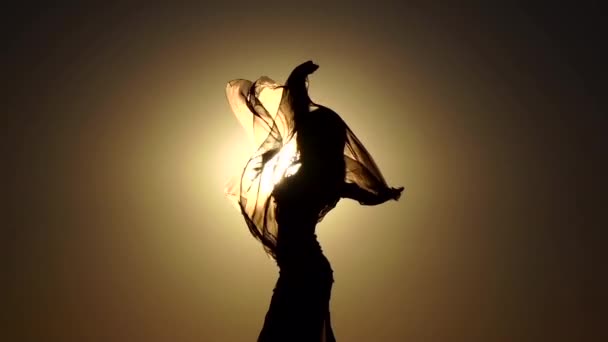 Brunette op de zonsondergang maakt sierlijke bewegingen. Slow-motion. Silhouet — Stockvideo