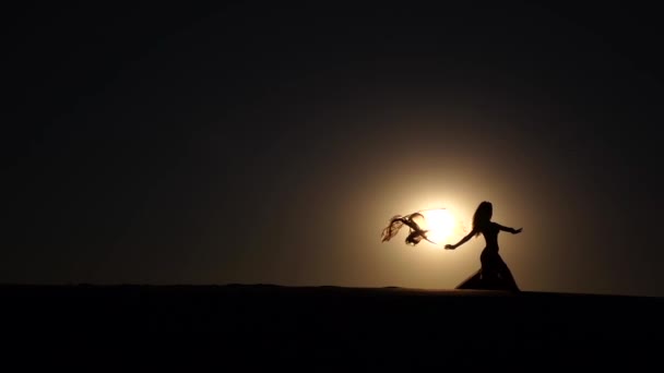 Bailarina con un velo en las manos bailando danza del vientre en la playa. Silueta. Movimiento lento — Vídeos de Stock