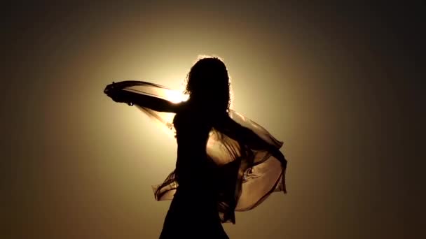 Brunette op de zonsondergang maakt sierlijke bewegingen. Slow-motion. Silhouet — Stockvideo