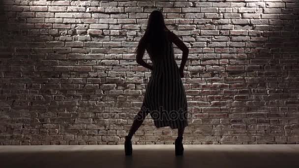 Menina de vestido listrado dançando twerk contra a parede de tijolo leve. Silhueta. Movimento lento — Vídeo de Stock