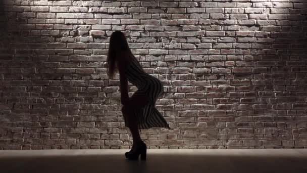 Meisje sexy in hakken dansen twerk tegen de lichte bakstenen muur. Silhouet. Slow motion — Stockvideo