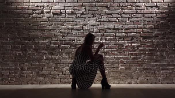 ハイヒールでエレガントな背の高い女性は、レンガの壁の風をダンスします。シルエット。スローモーション — ストック動画
