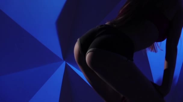 Energetic woman dancing twerk on a blue graphic background. Slow motion. Close up — Stock Video