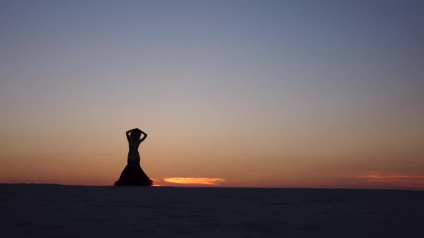 Movimenti graziosi di una ballerina, danza del ventre mentre sulla spiaggia. Silhouette — Video Stock