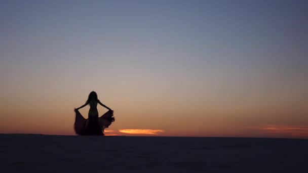 Ragazza sta ballando pancia danzante contro il bellissimo tramonto sulla spiaggia. Silhouette — Video Stock