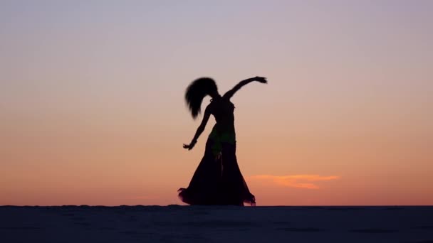 Chica está bailando danza del vientre contra la hermosa puesta de sol en la playa. Siluetas — Vídeo de stock