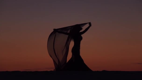 Chica en la orilla del mar baila con gracia su cuerpo contra el atardecer. Silueta — Vídeos de Stock