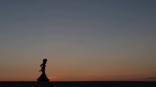Bailarina linda profesional en la playa baila danza del vientre. Silueta — Vídeo de stock