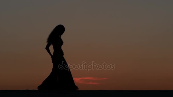 Movimientos agraciados de una bailarina, danza del vientre mientras está en la playa. Siluetas — Vídeos de Stock