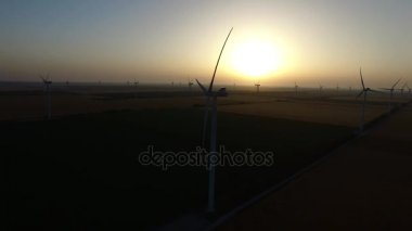 Rüzgar türbinleri yaz gün batımında alanlarında buğday. Siluet. Hava anket
