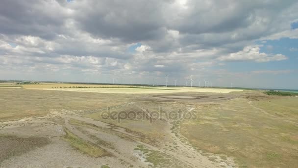 Campo com geradores eólicos milagres de engenharia na regeneração da bioenergia. Inquérito aéreo — Vídeo de Stock