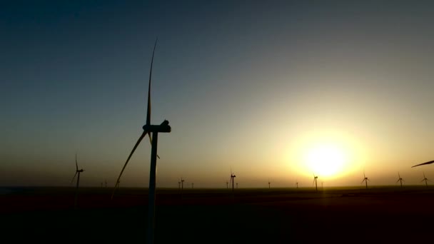 Вид на большие ветряные турбины в степи на закате. Силуэт. Аэросъемка — стоковое видео