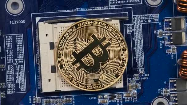 Χρυσό εικονικό νόμισμα Bitcoin σε μια μητρική πλακέτα αντί cpu. νέες μεταλλικές κρυπτονόμισμα bitcoin στο κύκλωμα — Αρχείο Βίντεο