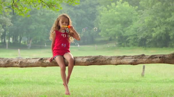 Niña jugar con burbujas de jabón al aire libre. Movimiento lento — Vídeos de Stock