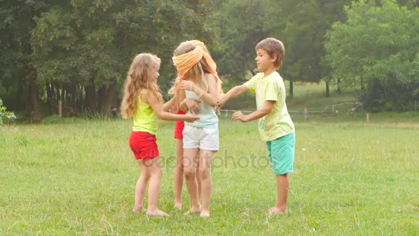 夏に一緒に野外で遊ぶ小さなお友達の幸せなグループ — ストック動画