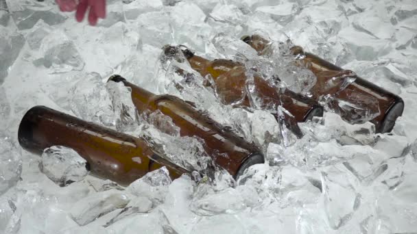 La mano de los hombres saca una botella del hielo. Fondo blanco. Movimiento lento — Vídeos de Stock